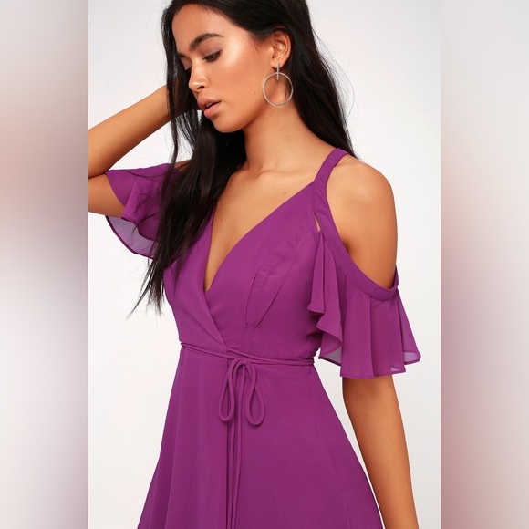 LULUS Bombshell Magenta Off-the-Shoulder Wrap Dress - Picture 4 of 9